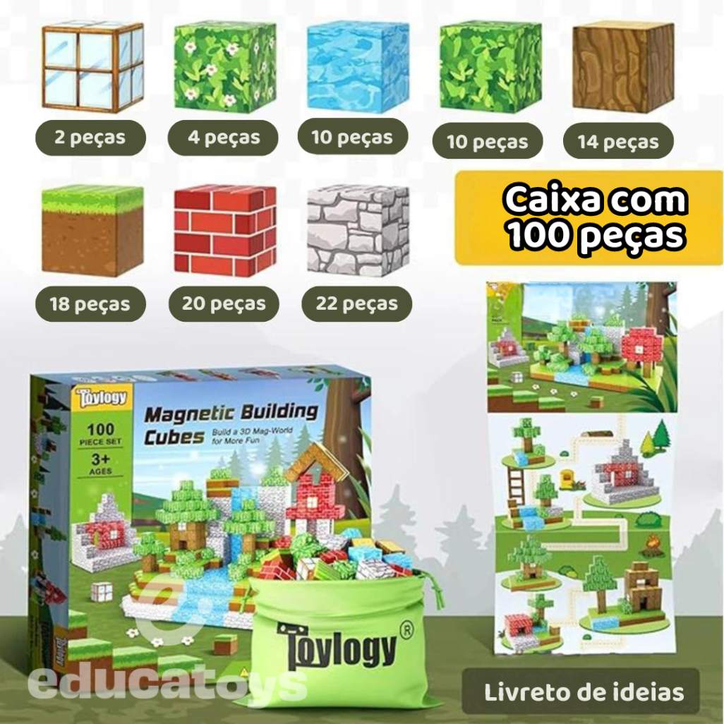 MINECRAFT VIDA REAL - BLOCOS DE MINECRAFT MAGNÉTICOS EMPILHÁVEIS - Brinquedo Sensorial STEM para Crianças do Mundo Minecraft